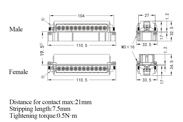 HE-024-M HA-024-F Male and Female 16A 500V 24+PE Screw termination Connector - Görsel 3