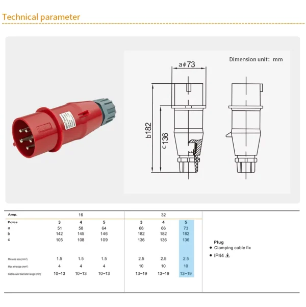 WEIPU 32A 5Pin Industrial Plug Socket TYP285-c IP44 - Görsel 2