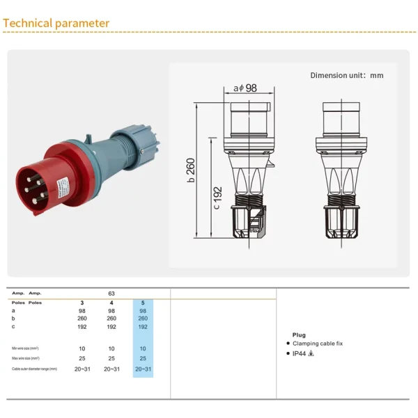 WEIPU 63A 5Pin Industrial Plug TYP645-IP44 - Görsel 2