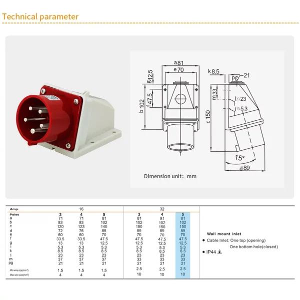 32A 5PIN Wall Mount Inlet TYP685-IP44 - Görsel 2